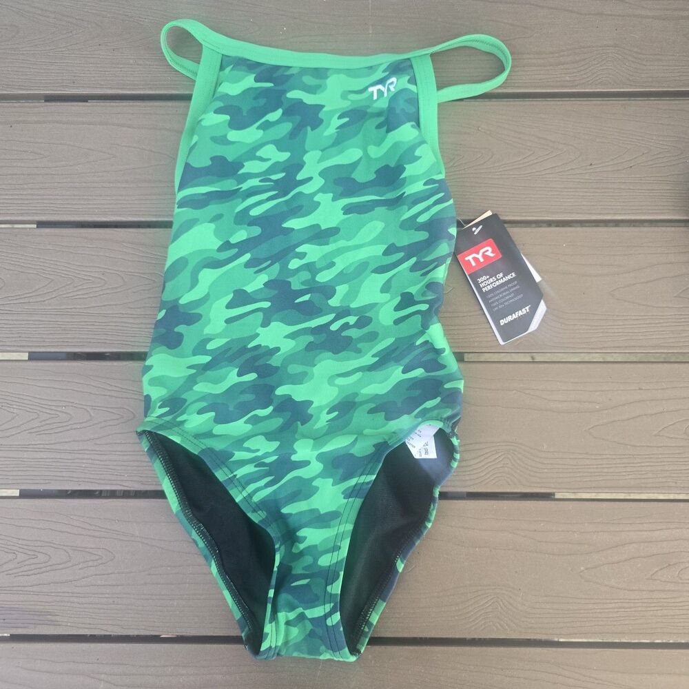 TYR Youth Girl's Durafast Elite Green Camo Diamondfit One Piece Swim Sz 24 New